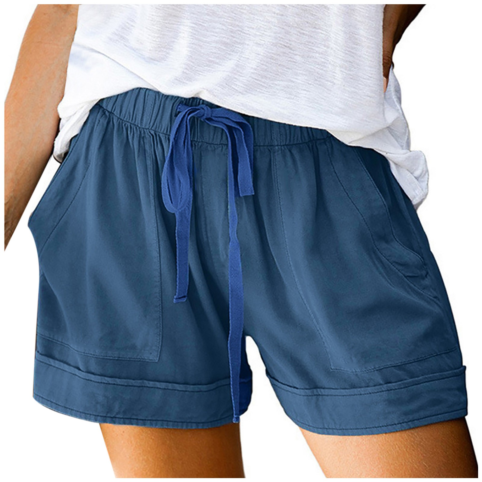 thumbnail image 3 of Pantalones cortos cómodos con cordón y cintura elástica para mujer - Pantalones holgados de color liso con bolsillos - Ropa informal de verano de poliéster, 3 of 8